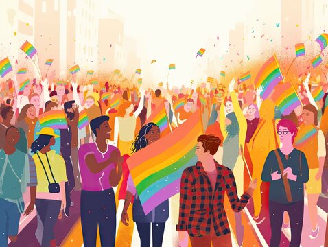 illustration of crowd of people with a rainbow flag on pride parade