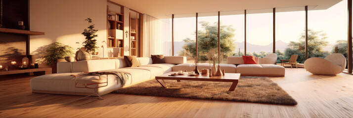 Luxury living room with big beige corner sofa and wooden floor and big windows, panorama