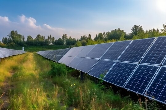solar panels on a green field. 