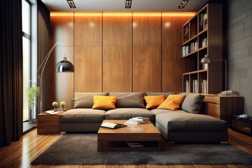 Modern living room design with sofa and wooden lamp