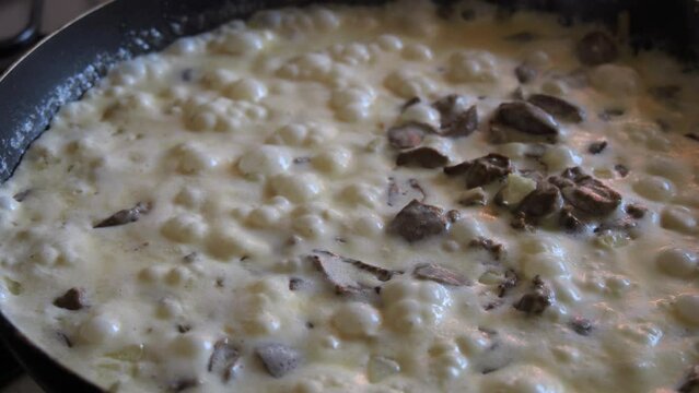 Cream sauce with mushrooms and chicken hearts cooked in a pan with bubbles in slow motion