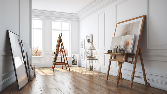 Art workshop room with painting and easel