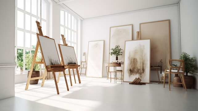 Art workshop room with painting and easel