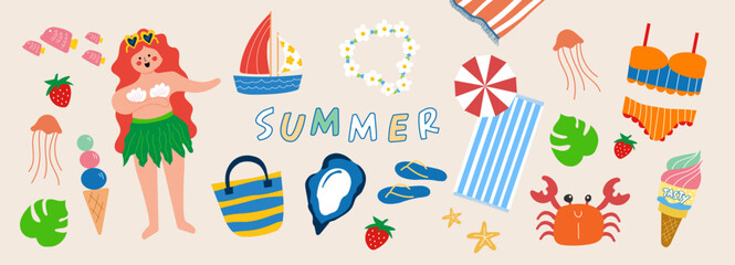 summer collection illustration. Banner, vector, human, bikini, oyster, crab, ice cream, beach blanket, ship and fish.