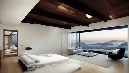 Multiple Bed Exterior Design Perspective of Modern Bedroom Overlooking the Mountains and Water. High Ceiling and High Glass Window Mid Century Minimalistic House