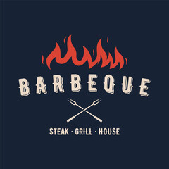 BBQ hot grill vintage typography logo template design with crossed flames and spatula. Logo for restaurant, badge, cafe and bar.