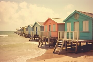 Obraz premium Beach cabins in multiple colors, generative ai