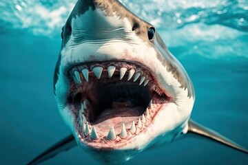 Naklejka premium Scary shark with open jaws, generative ai