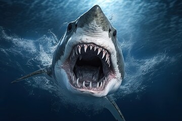 Fototapeta premium Scary shark with open jaws, generative ai