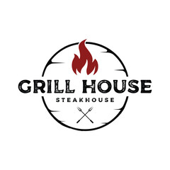 BBQ hot grill vintage typography logo template design with crossed flames and spatula. Logo for restaurant, badge, cafe and bar.
