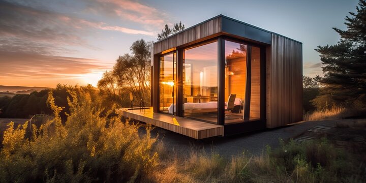 Tiny house with amazing design on a beautiful landscape, generative ai