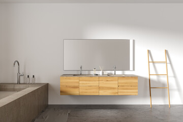 Modern bathroom interior with double sink and bathtub, accessories and ladder