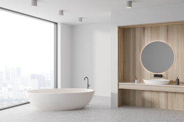 Fototapeta na wymiar White bathroom interior with sink and bathtub, accessories and window