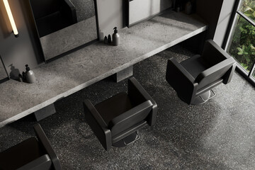 Top view of modern barbershop with chairs and mirror, panoramic window