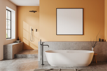Naklejka na ściany i meble Cozy bathroom interior with bathtub, douche and panoramic window. Mockup frame
