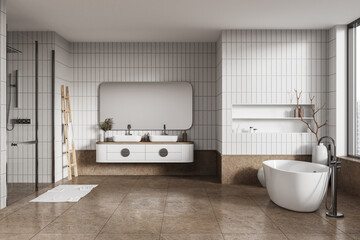Fototapeta na wymiar Stylish bathroom interior with bathtub, double sink and shower, accessories