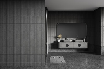 Gray tile bathroom interior with double sink and blank wall