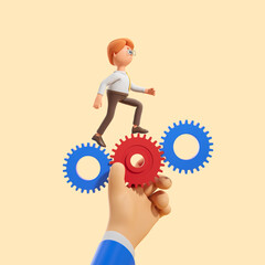 CEO hand holding gears with businessman walking on them