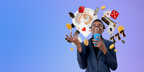 Happy African businessman with smartphone winning in online casi