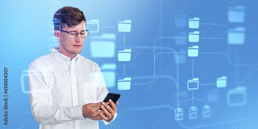 Poster man with smartphone using document management system