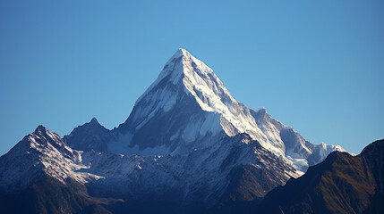 A stunning shot of a snow-capped mountain peak, standing majestically against a clear blue sky." Keywords: snow-capped mountain, peak, stunning, majestically. Generative AI