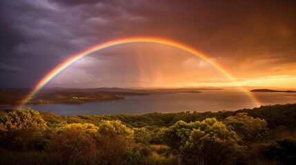 An incredible double rainbow stretching across the horizon, casting a magical glow over the landscape." Keywords: double rainbow, horizon, magical, landscape. Generative AI