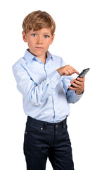 Kid portrait finger touch phone in hand, isolated over white background