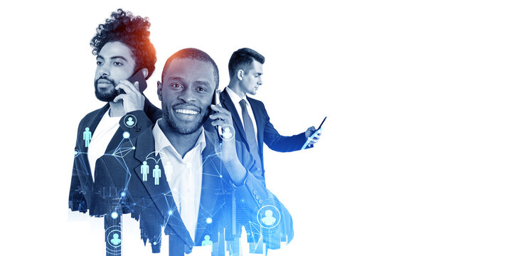 Three business people with smartphone, online network in cyberspace. Copy space