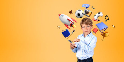 School boy with smartphone playing video games, online education. Copy space