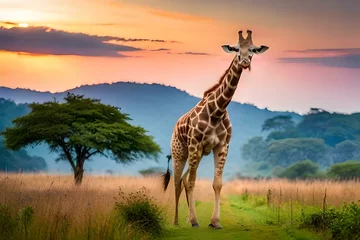 Gordijnen giraffe in the savannah generated AI © Izhar