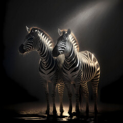 Fototapeta na wymiar Zebra (Hippotigris) from the equine genus (Equus), and plains zebra (Equus quagga), black background, AI generated