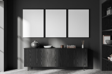 Grey living room interior drawer and shelf with art decoration, mockup frames
