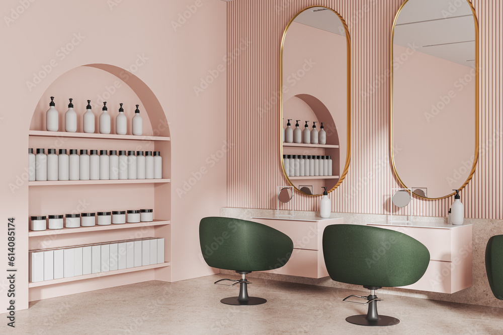 Poster modern cozy beauty salon with chairs in row and mirror, shelf with bottles