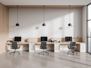 Fototapeta na wymiar White workplace interior with pc computer in row, panoramic window