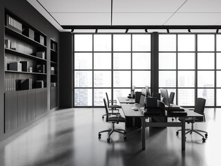 Stylish coworking interior with pc computer in row, shelf and panoramic window