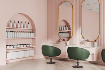 Modern cozy beauty salon with chairs in row and mirror, shelf with bottles - obrazy, fototapety, plakaty