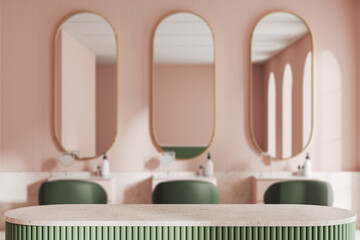 Product display table in pink hairdressing salon