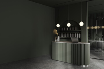 Dark stylish barbershop with reception desk, laptop and mock up wall
