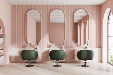 Pink cozy beauty salon with chairs in row and mirror, panoramic window - obrazy, fototapety, plakaty