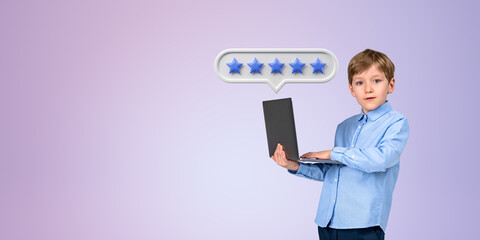 Boy with laptop giving five star rating