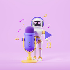 Obraz na płótnie Canvas AI robot in headphones with microphone, podcasting