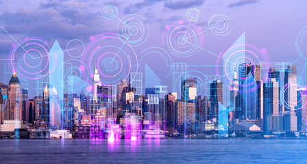 Wireframe digital interface and network hologram in city. New York