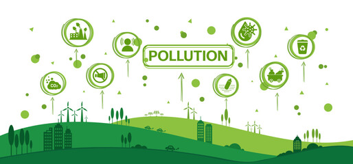 Ecology Icons Set. Global Warming, Climate Change, Plastic Pollution, water pollution, air pollution, noise pollution. Save the Planet Symbols. Eco Environment, Flat Line Cartoon Vector Illustration.	