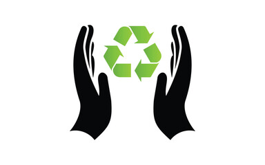 Recycling symbol on hands, Caring hands hold recycle sign, Vector icon