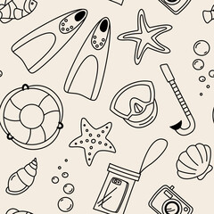 Summer vacation simple line doodle seamless pattern with sea shells snorkel mask flippers star fish