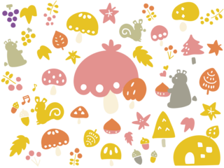 てがきでかわいい秋の森ときのこのイラストセット