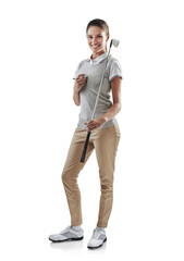 Happy woman, portrait smile and golf club with ball standing isolated on a transparent PNG...