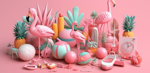 Collection of various beach items on pink background. Generative ai