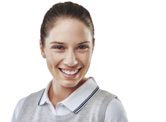 Portrait, golf and woman with a smile, fitness and professional isolated against a transparent background. Face, female person or player with happiness, png or golfer with training, hobby or activity