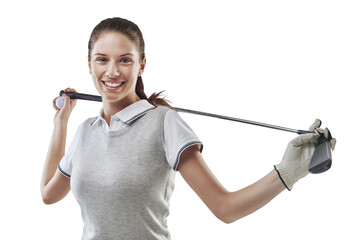 Happy, smile and portrait of female athlete with golf club for sports tournament, game or competition. Fitness, young and confident woman golfer with equipment isolated by transparent png background. - Powered by Adobe